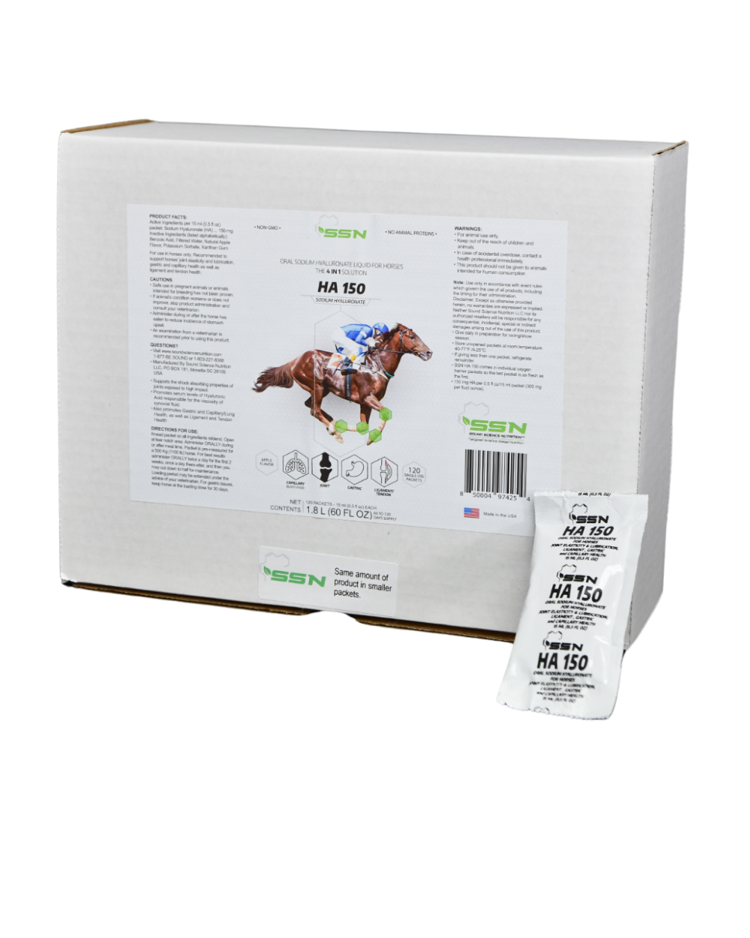 SSN HA-150 box of 120 packets - oral sodium hyaluronate supplement for horses